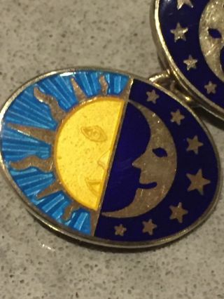 Vintage Pair Sterling Silver Sun And Moon Enamel Oval Cufflinks Marked