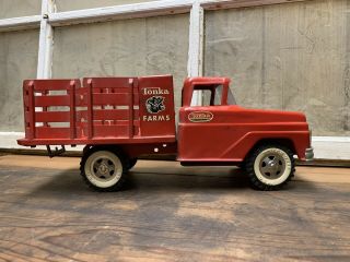 Vintage Tonka Farms Stake Truck Pressed Steel Red Toy 1962 - 1963