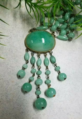 Vintage Art Deco/nouveau Czech Pecking Glass Jade Color Brass Necklace Open Back