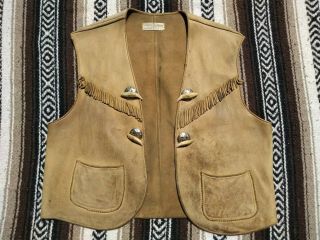 Western Vtg Leather Frontier Vest 30s 40s 50s Concho Fringe Deerskin Cowboy Boho