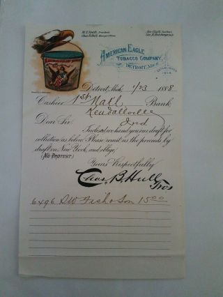 American Eagle Tobacco Co.  Detroit Mi Receipt Invoice Rare Vintage 1888