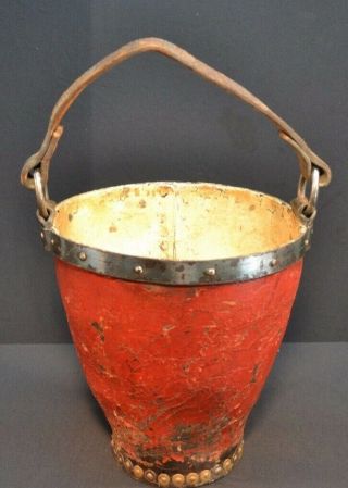 Antique 19th Cent Leather Fire Fighter Bucket Red Paint Primitive Firemans Tool