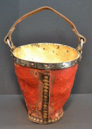 Antique 19th Cent Leather Fire Fighter Bucket Red Paint Primitive Firemans Tool 2