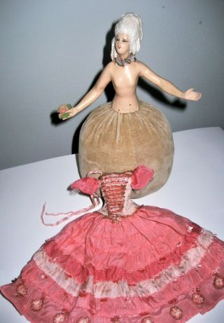 Rare antique French Terre de Retz PINCUSHION HALF DOLL with rose in silk dress 2