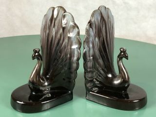 Vintage Redware Pottery Peacock Bookends Swirled Brown Blue Violet