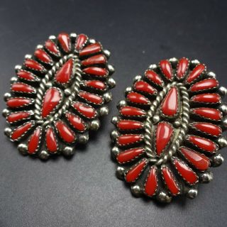 Huge Vintage Navajo Sterling Silver Oxblood Red Coral Cluster Earrings Pierced