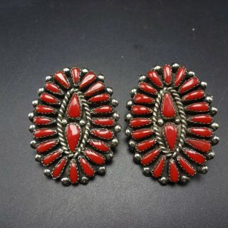 Huge VINTAGE NAVAJO Sterling Silver OXBLOOD RED CORAL Cluster EARRINGS Pierced 2