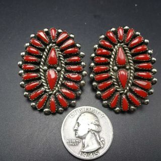 Huge VINTAGE NAVAJO Sterling Silver OXBLOOD RED CORAL Cluster EARRINGS Pierced 4