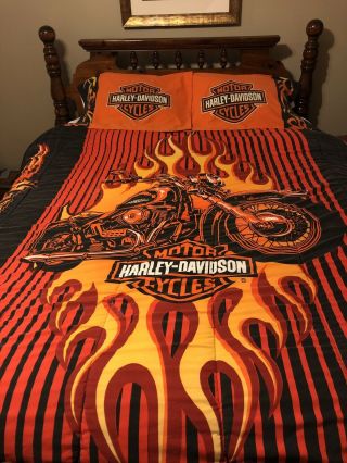 Killer Vintage Harley - Davidson Queen Size Comforter With 2 Standard Pillow Cases