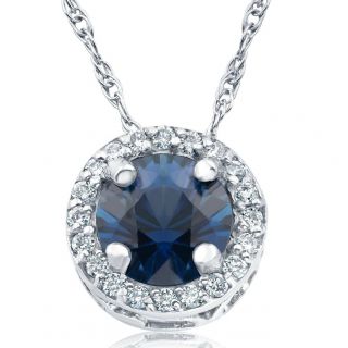 1/2ct Blue Sapphire & Diamond Halo Vintage Pendant 14k White Gold & 18 "
