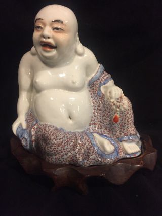Vintage Hand Painted Chinese Porcelain “happy Laughing Buddha “5.  50”on Stand