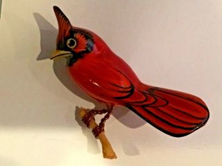Takahashi Vintage Carved Wood Painted Bird Pin Brooch Red Cardinal
