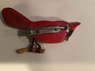 Takahashi Vintage Carved Wood Painted Bird Pin Brooch Red Cardinal 2