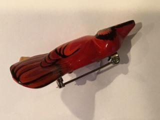 Takahashi Vintage Carved Wood Painted Bird Pin Brooch Red Cardinal 4