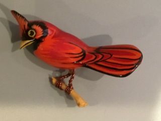 Takahashi Vintage Carved Wood Painted Bird Pin Brooch Red Cardinal 5