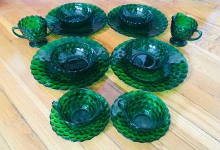 Vtg Anchor Hocking Forest Green Bubble Depression Glass Partial Dish Set