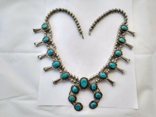 Vintage Navajo Sterling Silver & Turquoise Squash Blossom Necklace 138 Grams