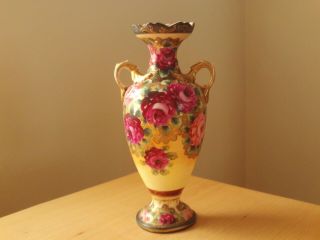 Vintage Oriental Ceramic Vase 9 1/2 " High Hand Painted Floral Design.