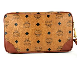 Auth Mcm Munchen Visetos Canvas Brown Leather Clutch Handbag Purse A0542 Germany