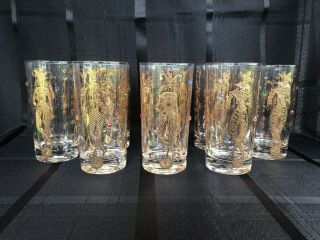 Vintage Culver Gold Harlequin Mardi Gras Jester Barware Lowball Glasses Set Of 8
