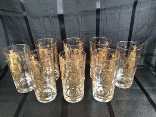 Vintage Culver Gold Harlequin Mardi Gras Jester Barware Lowball Glasses Set Of 8 2