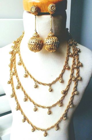Rare Vintage Napier Filigree Spheres Necklace Chain & Dangle Earrings Gold Tone