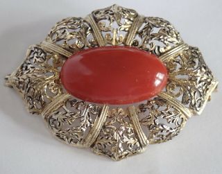 Vintage Art Deco Gold Washed Silver Filigree Ox Blood Red Coral Brooch