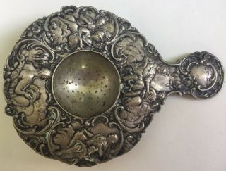 Antique 800 Silver Tea Strainer - Ornate Classical Roman Figures - Fleur De Lis Mark