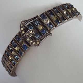 Art Deco Sterling Silver Sapphire Crystal Paste Rhinestone Buckle Bracelet