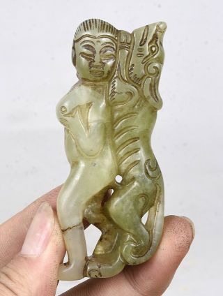 3 " Rare China Hongshan Culture Old Jade Carved Man Tiger Beast Statue Sculpture