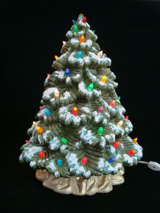 Rare Vintage 16 " Flocked Nowell Mold Green Ceramic Christmas Tree W Gold Trunk