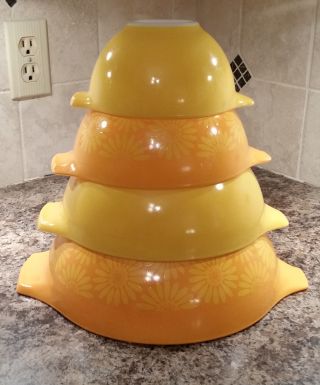Vintage Pyrex Bright Yellow Orange Daisy Cinderella Mixing Bowls Set