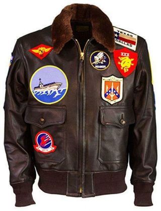 Tom Cruise Top Gun A2 Jet Fighter Bomber Cow Leather Removable Fur Brown Jacket