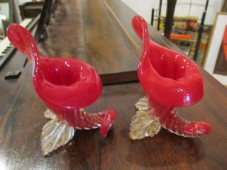 Pair Red Footed Murano Vintage Art Glass Cornucopia Jack In The Pulpit Vases