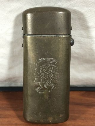 Vintage Antique Native American Warrior Indian Head Old Brass Match Holder Safe 8
