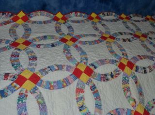 Vintage Wedding Ring Hand Made Quilt 73 X 85 White Background Colors