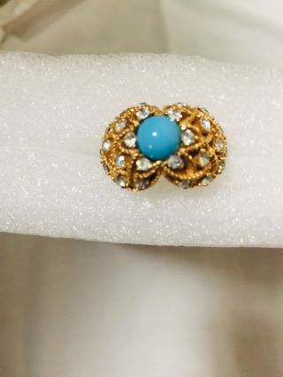 Vintage Crown Trifari Faux Turquoise And Rhinestones Ring