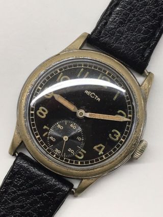 Vintage 1940s Recta Ww2 German Military Black Sub Dial Mens Wrist Watch Swiss