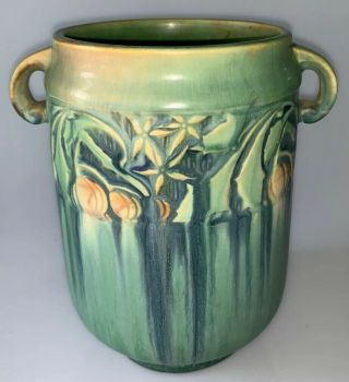 Vintage Roseville Green Baneda 7” Handled Vase With Paper Label