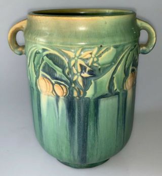 VIntage Roseville Green Baneda 7” Handled Vase With Paper Label 3