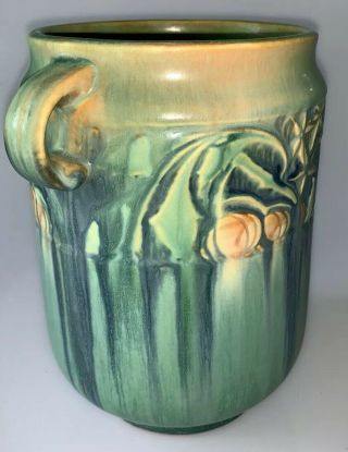 VIntage Roseville Green Baneda 7” Handled Vase With Paper Label 4