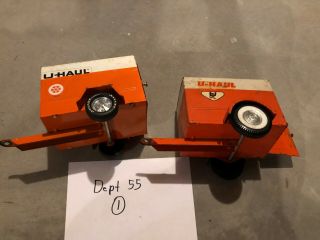 (2) Vintage Nylint U Haul Rental Trailer Orange Pressed Steel Pull Behind