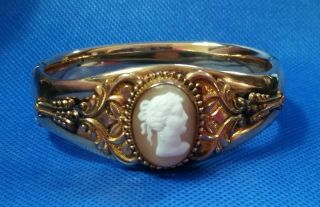 Antique Victorian Gold Filled Carved Lady Shell Cameo Hinged Bracelet