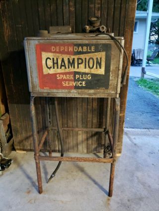 Old Vintage Champion Spark Plug Service Tester And Cleaner Station Sign On Front