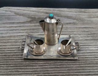 Vtg Navajo Signed F Fannie Platero Sterling Silver Turquoise Mini Tea Set