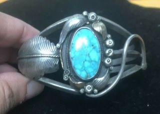 Vtg Old Pawn Navajo Morenci Row Turquoise Sterling Silver Cuff Bracelet