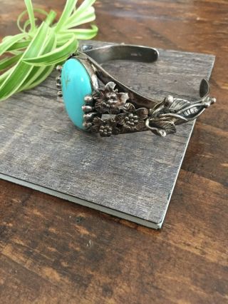 Large Vintage Estate Sterling Silver & Turquoise Cuff Bracelet Signed Floral 6