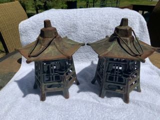 Vintage Cast Iron Pagoda Hanging Garden Lanterns