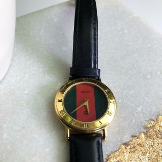 Gucci Authentic 3000l Vintage Watch 26mm Quartz Green Red Gold Leather Strap