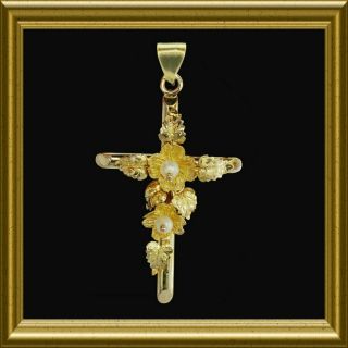 Handmade Antique Lovely Yellow Gold Cross With Leaves And Pearls M - F
